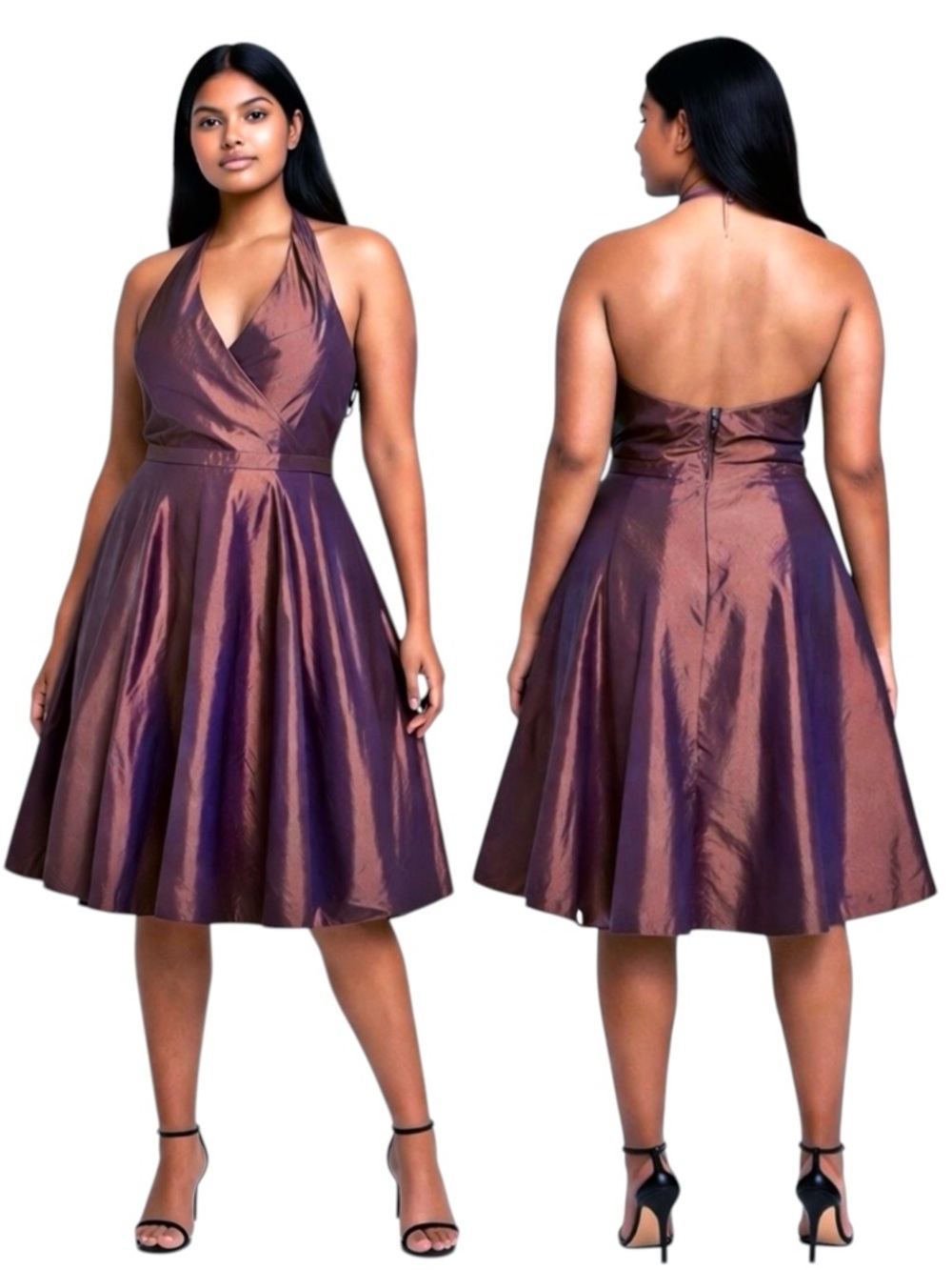 Aria VTG Iridescent Raw Silk Halter Fit & Flare Cocktail Dress Purple/Copper 14โ